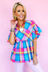 Sky Blue Colorful Plaid V Neck Ruffled Short Sleeve Babydoll Top